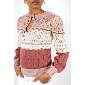 Vintage 60s 20Ans Knits Lace Crochet Sweater With Floral Trim & Tie Neck, M